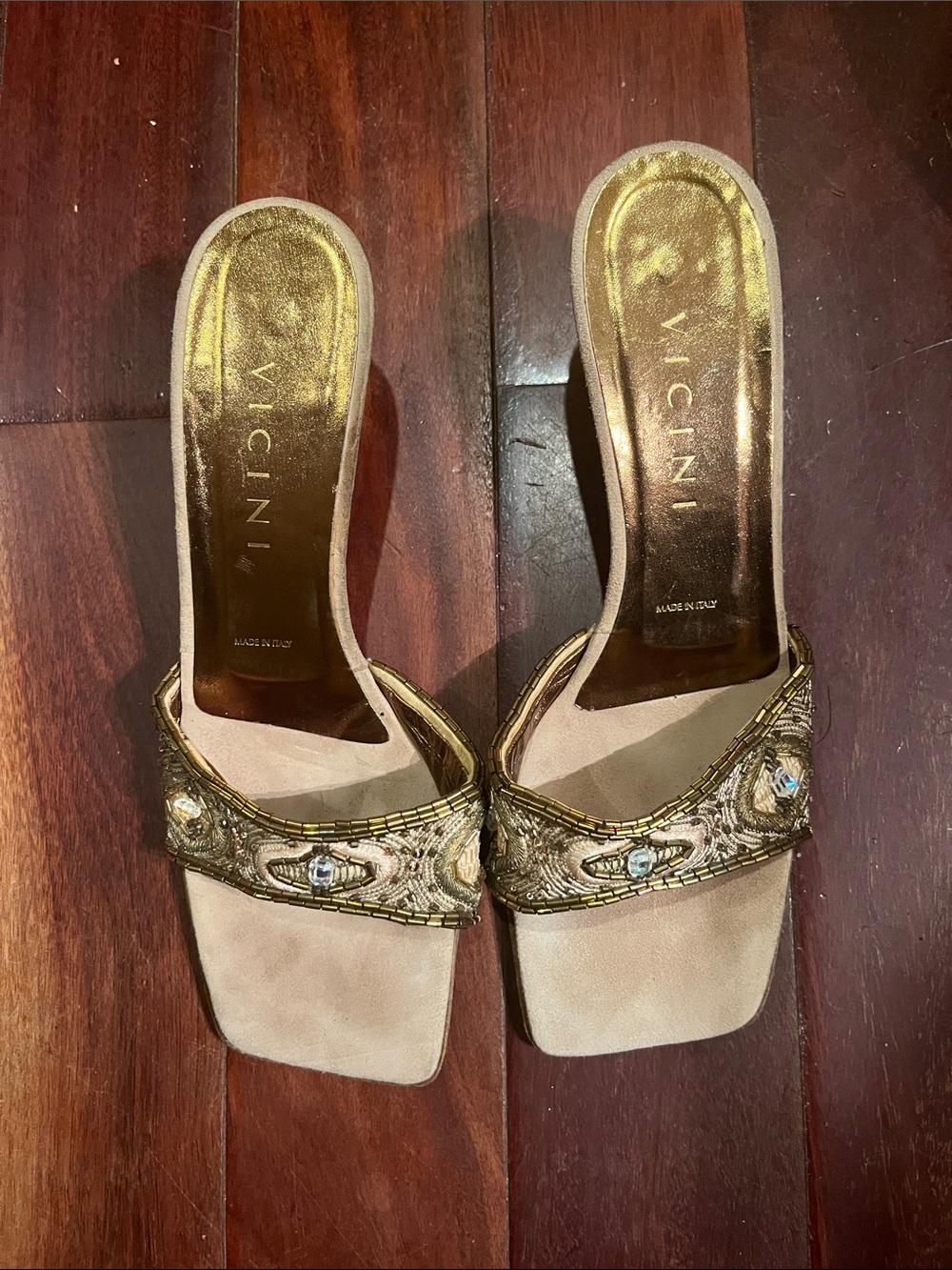 Vicini Gold Beaded Slide Mules. Size 41.